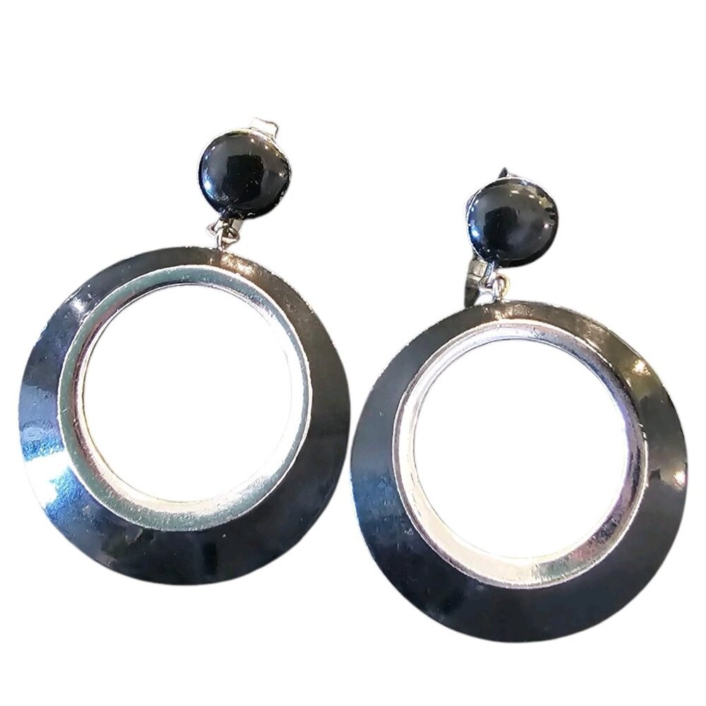 Vintage Crown Trifari Black Enameled Dangle Hoop Drop Earrings Silver Tone 1.75"